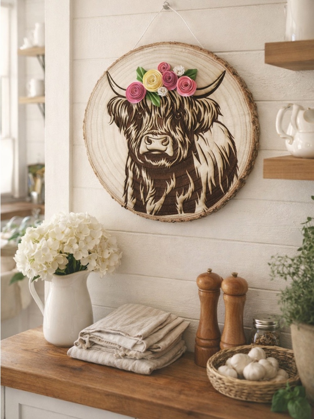 Handmade Highland Cow Wall Art w/ Paper Flowers